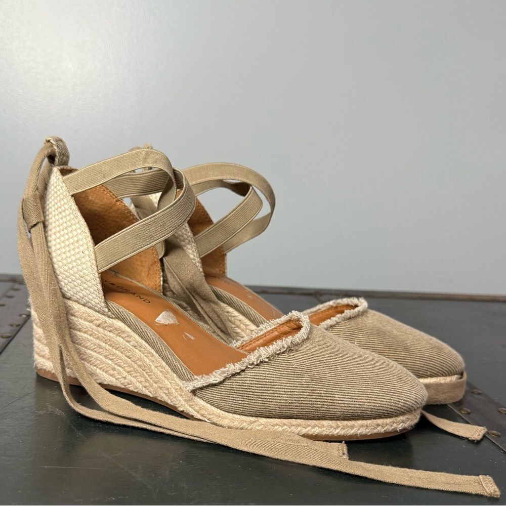 Lucky Brand Rimony Canvas Espadrille Platform Wedge Shoes Sz 7 Ankle Strap